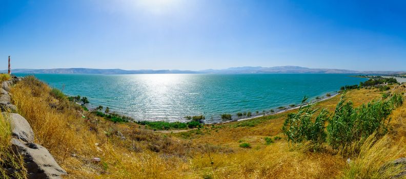 Panoramic view from the east of the Sea of Galilee with high water level. Northern Israel