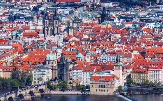Panoramic view of Old town of Prague with tiled roofs. Prague, Czech Republic