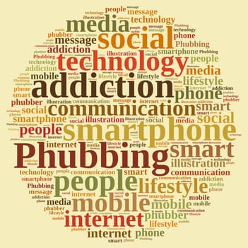 Illustration with word cloud on phubbing, the addiction to mobile