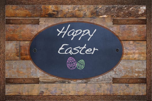 Bulletin board made in wood with word Happy Easter.