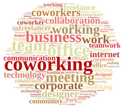 Illustration with word cloud with the word coworking.