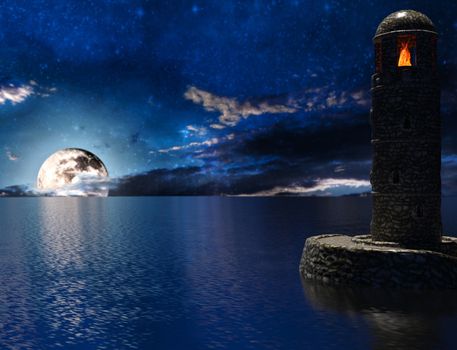 Old lighthouse with fire and moon - 3d rendering