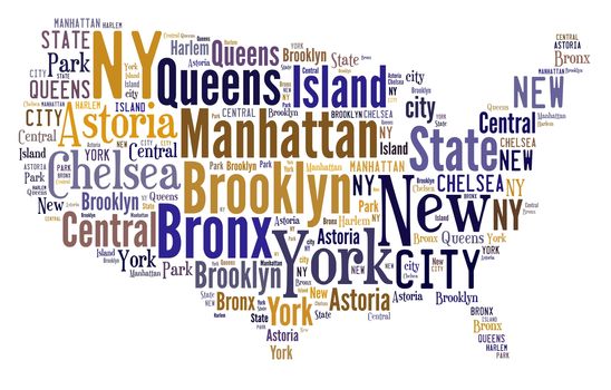 Illustration with word cloud over the city of New York