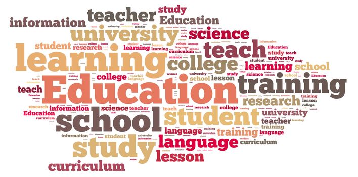 Illustration with word cloud on education at schools.