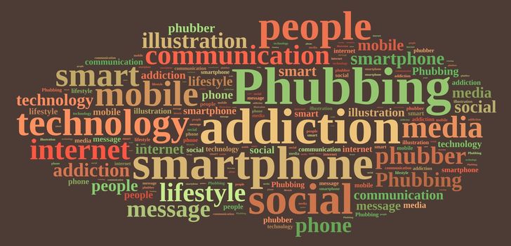 Illustration with word cloud on phubbing, the addiction to mobile