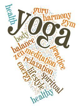 Illustration with word cloud on the benefits of Yoga.