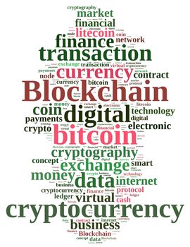 Illustration with word cloud with the word Blockchain.