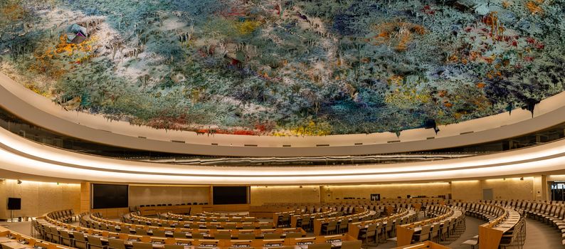 Geneva, Switzerland - April 15, 2019:  An assembly hall in the Palace of Nations - UN headquarters in Geneva, Switzerland