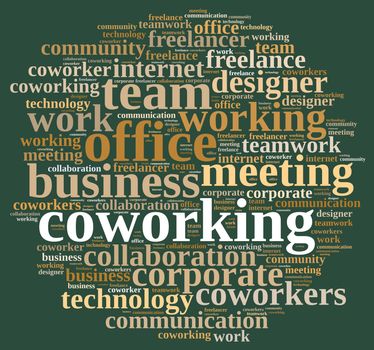 Illustration with word cloud with the word coworking.