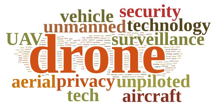 Illustration with word cloud on drone, unmanned aerial vehicle.