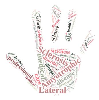 An illustration with word cloud about Amyotrophic lateral sclerosis.