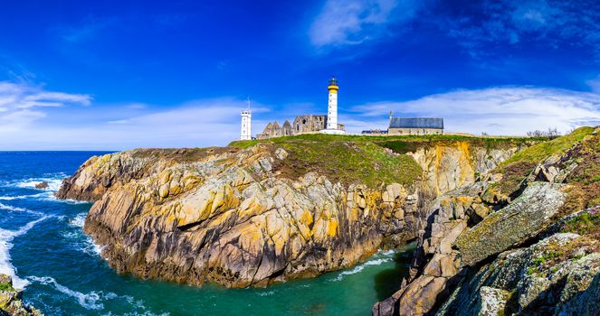Panorama of lighthouse and ruin of monastery, Pointe de Saint Mathieu, Brittany (Bretagne), France