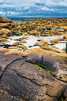 Moss stone and coastline in Brittany (Bretagne), France