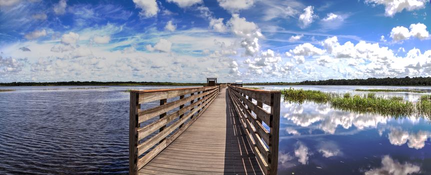 Boardwalk overlooking the flooded swamp of Myakka River State Park in Sarasota, Florida.