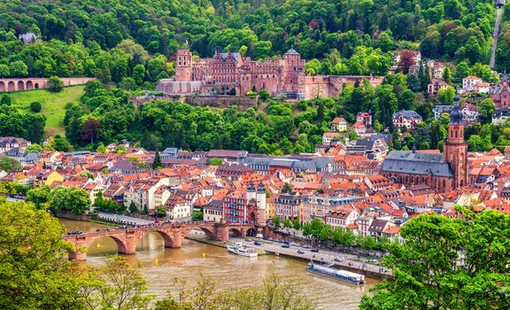 Panoramic view of beautiful medieval town Heidelberg including Carl Theodor Old Bridge, Neckar river, Church of the Holy Spirit, Germany