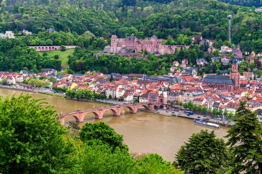 Heidelberg town with the famous old bridge and Heidelberg castle, Heidelberg, Germany
