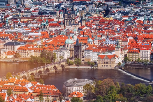Skyline view panorama of Charles bridge (Karluv Most) with Old Town in Prague. Czech Republic