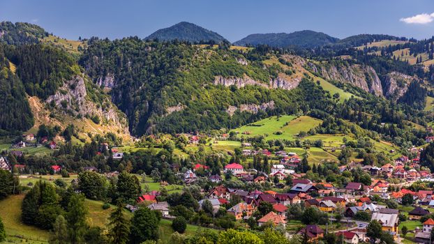 Summer alpine Transylvania landmark, landscape with green fields and valleys, high Piatra Craiului mountains, Carpathians, Transylvania, Romania, Europe