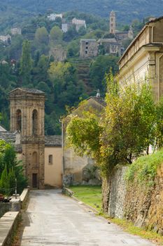 Mountain villages and landscape in Castagniccia area, near roads D71 and D506, in Haute-Corse, Corsica, France