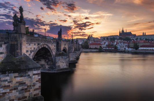Famous iconic image of Charles bridge, Prague, Czech Republic. Concept of world travel, sightseeing and tourism.