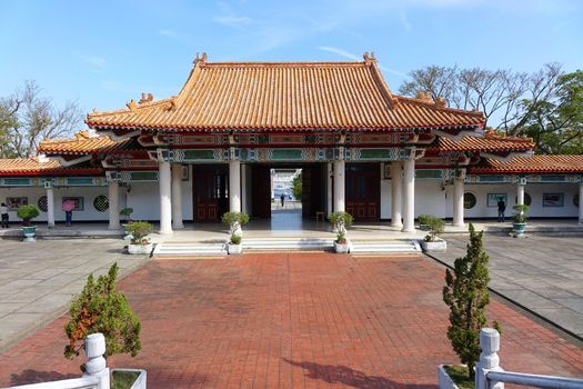 KAOHSIUNG, TAIWAN -- APRIL 29, 2017: The Kaohsiung Martyrs' Shrine, built in classic Chinese architecture, is dedicated to the soldiers who died during World War Two. It is located on Shoushan Hill.
