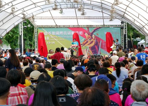 KAOHSIUNG, TAIWAN -- JULY 14, 2017: Mr. Chen Chi-mai, the top contender for the upcoming mayoral election speaks to supporters at the 2018 Street Art Festival.