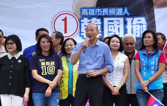 KAOHSIUNG, TAIWAN -- NOVEMBER 10, 2018: KMT Kaohsiung mayor candidate Han Guo-Yun (center, blue shirt), speaks at an election rally in support of city council member Huang Hsiang-Shu
