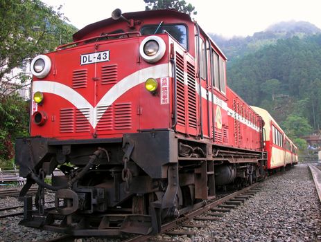 Engine and cars of the Alishan Mountain Railway in Taiwan
