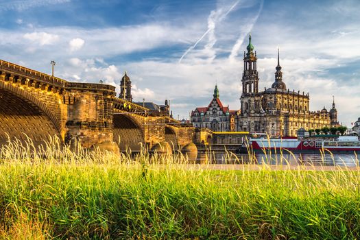 Dresden city skyline panorama at Elbe River and Augustus Bridge, Dresden, Saxony, Germany