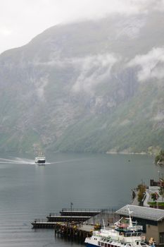 Ferry boat scene in the Geiranger fjord, Norway