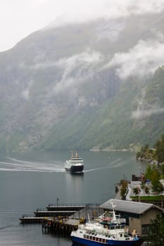 Ferry boat scene in the Geiranger fjord, Norway