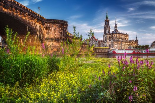 Dresden city skyline panorama at Elbe River and Augustus Bridge, Dresden, Saxony, Germany