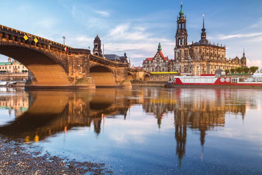 Dresden city skyline panorama at Elbe River and Augustus Bridge, Dresden, Saxony, Germany