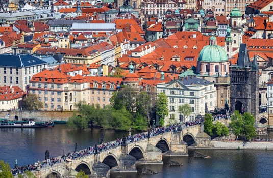 Skyline view panorama of Charles bridge (Karluv Most) with Old Town in Prague. Czech Republic