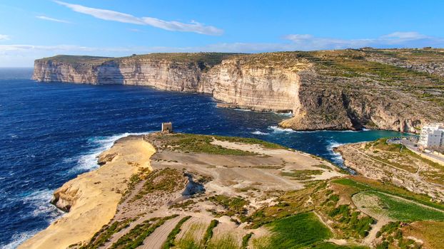 Panoramic view over the Coast of Gozo - Malta by drone - aerial photography