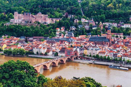 Heidelberg town with the famous old bridge and Heidelberg castle, Heidelberg, Germany