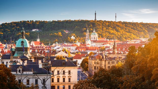 Prague, Czezh Republic. Scenic autumn aerial view of the Old Town with red foliage