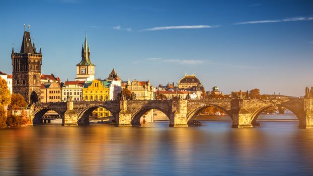 Prague, Czezh Republic. Scenic autumn aerial view of the Old Town with red foliage
