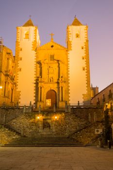 Sunset view of the San Francisco Javier Church, in Caceres, Extremadura, Spain