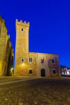 Sunset view of the Tower of the Las Ciguenas Palace, in Caceres, Extremadura, Spain