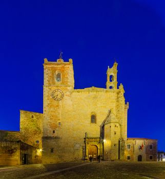 Night view of the Iglesia de San Mateo church, in Caceres, Extremadura, Spain