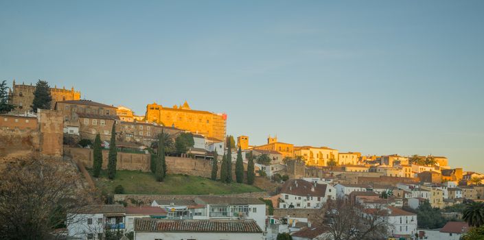 Sunrise view of the old city and its walls, in Caceres, Extremadura, Spain