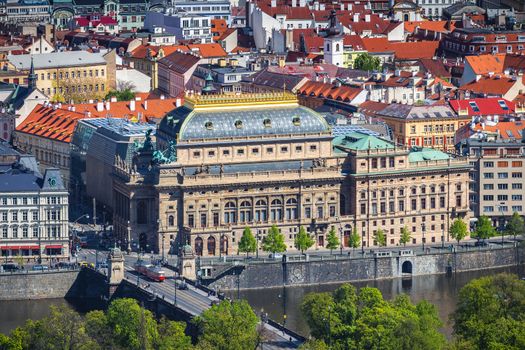 View of the Prague National Theater on a bright sunny day along the Vltava River, Czech Republic