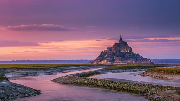 Mont Saint-Michel view in the sunset light. Normandy, northern France