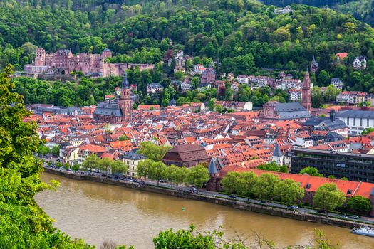 Panoramic view of beautiful medieval town Heidelberg including Carl Theodor Old Bridge, Neckar river, Church of the Holy Spirit, Germany