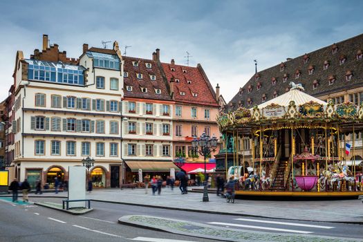 Beautiful view of the historic town of Strasbourg, colorful houses on idyllic river. Strasbourg, France