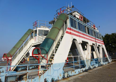 KAOHSIUNG, TAIWAN -- DECEMBER 1, 2019: A vintage cross-harbor ferry boat that is no longer in service.
