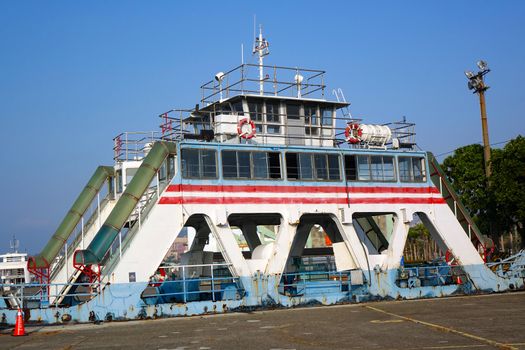 KAOHSIUNG, TAIWAN -- DECEMBER 1, 2019: A vintage cross-harbor ferry boat that is no longer in service.