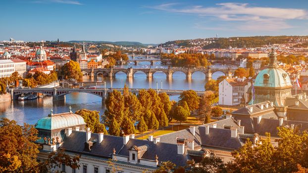 Prague, Czezh Republic. Scenic autumn aerial view of the Old Town with red foliage