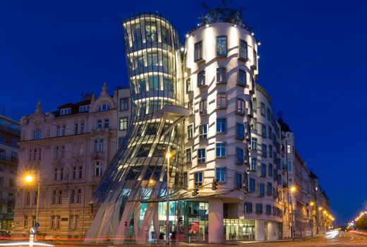 Dancing house in Prague at night, Czech republic